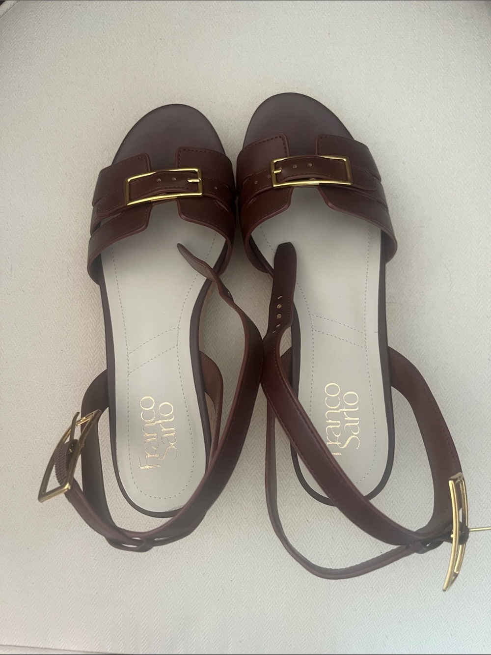 Like new Franco Sarto Wedge Sandals in dark brown with gold buckle, ankle strap,